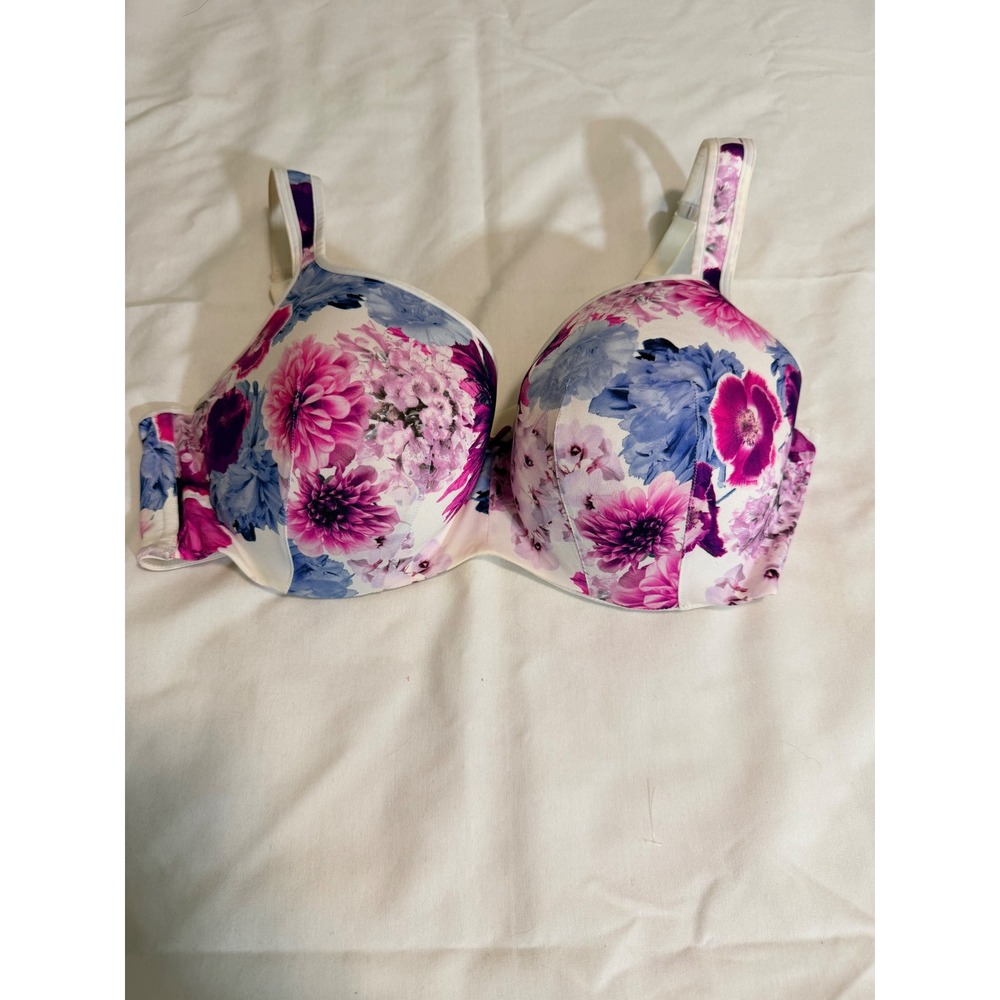 Cacique Smooth Balconette Bra 40DD Purple Pink Floral Underwire Padded 1125987